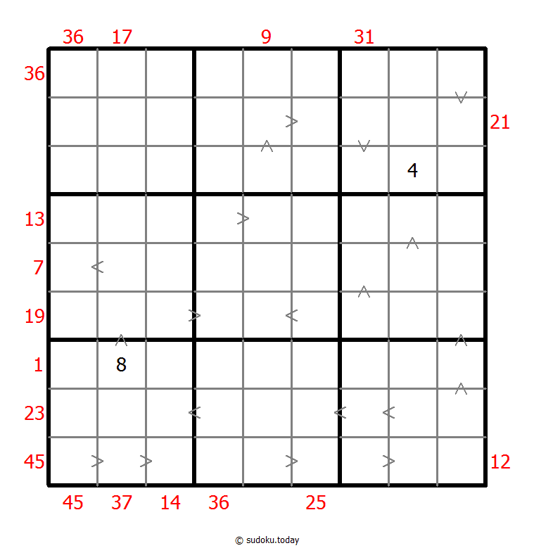 Sudoku combinado (XSum+Mayor que)